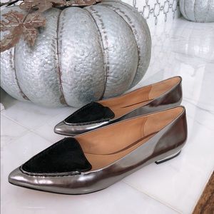 Coach pointy toe metallic silver and black suede flats